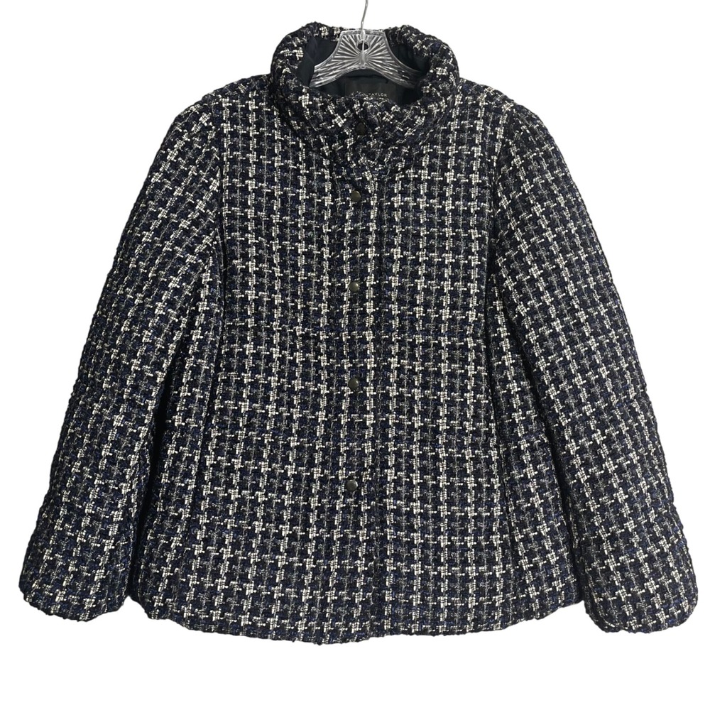 Ann Taylor Tweed Puffer Jacket Women L Black Navy Plaid High Neck Preppy Classic